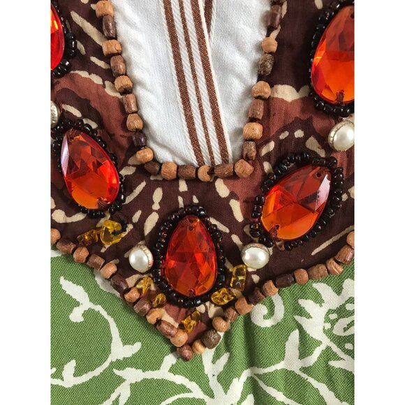 Vtg Soft Surroundings Maxi Dress Kaftan Green White Abstract Pattern Embellished - Picture 6 of 10